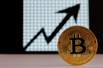 Virtual currency ok computador grafic, Bitcoin gold coin and printed encrypted money with QR code. Cryptocurrency concept