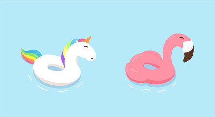 Rainbow unicorn and flamingo float rings. Vector flat hand drawn doodle illustrations. Summer, holidays, vacation beach and pool design. - obrazy, fototapety, plakaty