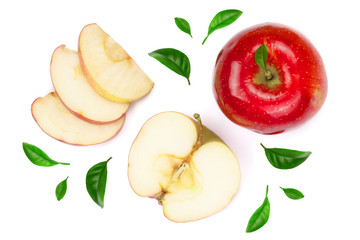 red apples with slices and leaves isolated on white background top view. Set or collection. Flat lay pattern