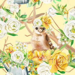 Obraz na płótnie Canvas Beautiful watercolor flowers seamless pattern on beige background with rustic garden watering can and cute bird in floral crown. Yellow flowers - roses, peonies, marigolds and camomille