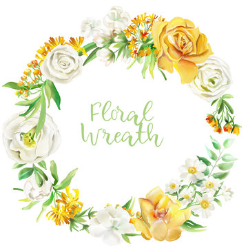 Beautiful watercolor floral frame, wreath, border. Yellow flowers - roses, peonies, marigolds and camomille. Lush foliage and white roses. Isolated on white