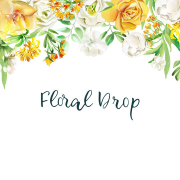 Beautiful watercolor floral drop. Yellow flowers - roses, peonies, marigolds and camomille. Lush foliage and white roses. Isolated on white