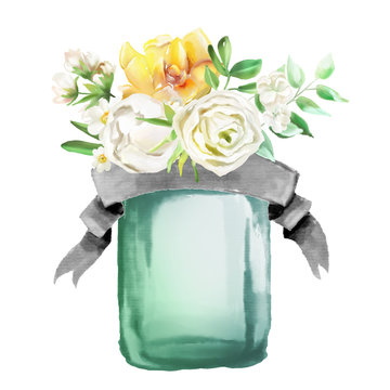 Beautiful watercolor flowers, floral bouquet, wreath. Yellow flowers - roses, peonies, marigolds in a glass mason jar with ribbon. Lush foliage and white roses. Isolated on white