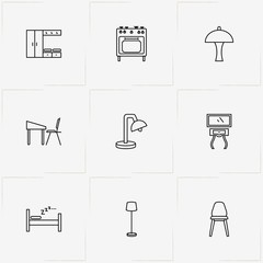 Furniture line icon set with chest drawer with mirror , table lamp  and chair