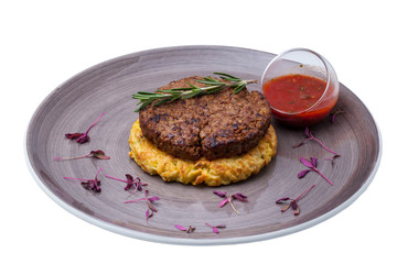 steak from beef tenderloin on potato hashbraun