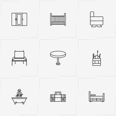 Furniture line icon set with baby bed, armchair and round table