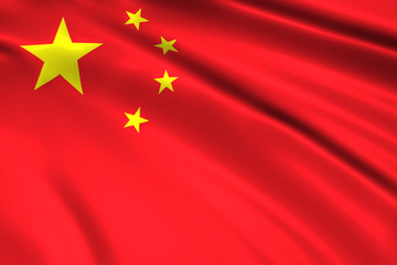Flag of republic China waving in the wind on silk background. Five golden star red flag revolution creation in 1949.