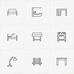 Furniture line icon set with stool , bath and table lamp