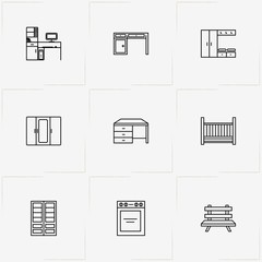 Furniture line icon set with baby bed, hallway furniture and gas stove