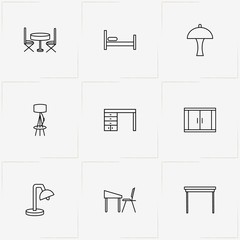 Furniture line icon set with office desk , cupboard and desk