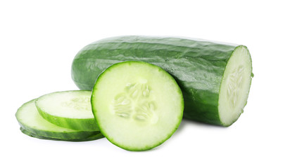 Fresh green sliced cucumber on white background