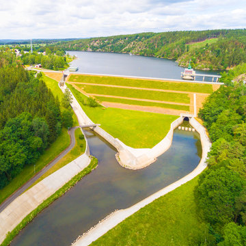 The Hracholusky dam with water power plant. The water reservoir on the river Mze. Source of renewable energy and popular recreational area in Western Bohemia. Czech Republic, Europe.