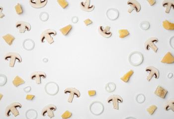 Flat lay composition with ingredients for pizza on white background