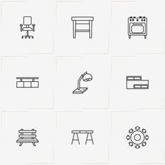 Furniture line icon set with office chair , stool  and desk