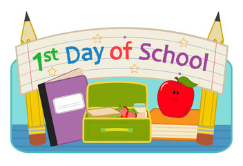 First Day School - Back to school clip-art with lunchbox, notebook, apple and banner that says “First day of school”. Eps10