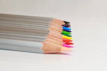 Color pencils lie in a line on white background.