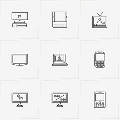 Gadgets line icon set with mobile phone keyboard, television and mobile phone