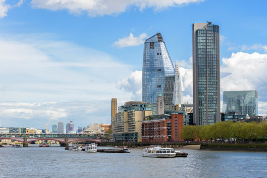 Panorama of south bank of the Thames River in London