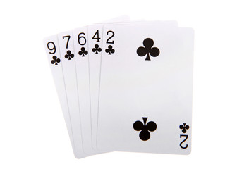 Playing cards, a Flush. Any five cards of the same suit, but not in sequence. Ties are broken by the high card within the flush. Isolated on white background.