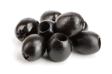 whole black olives isolated on white background macro