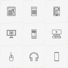 Gadgets line icon set with smart phone, computer mouse  and calculator