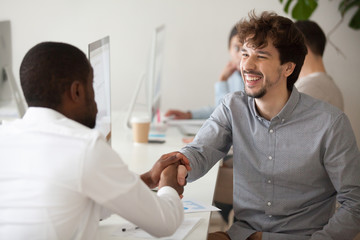 Fototapeta premium African American applicant shaking hand of Caucasian employee, thanking him for given job opportunity, smiling office worker handshaking black client. Concept of cooperation, collaboration, HR