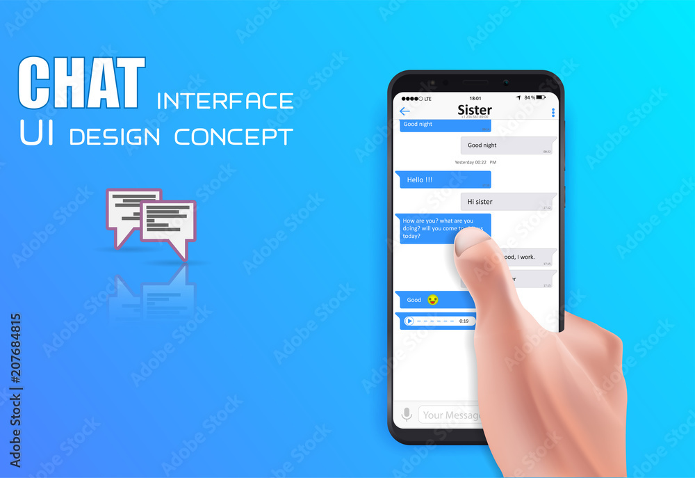 Leinwandbilder Realistic Hand holding mobile phone isolated on creative background. Social network concept of Chatting and messaging. SMS messages sending window. Vector Illustration. EPS10