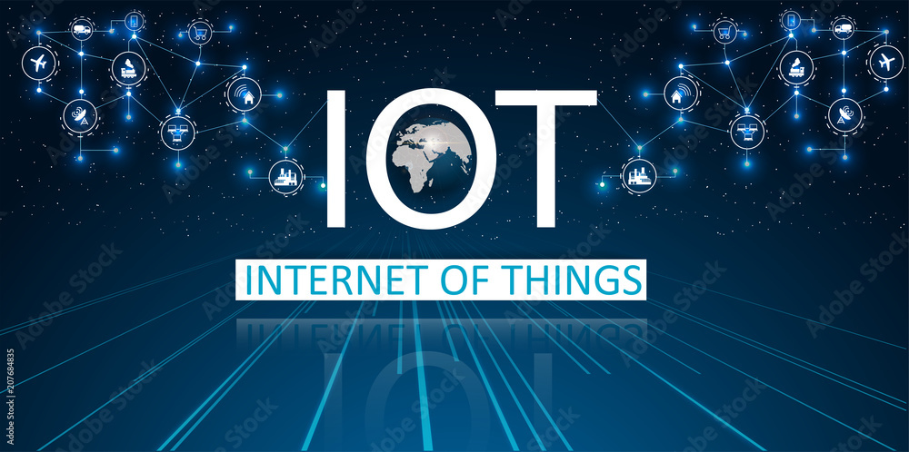 Leinwandbilder Internet of things (IOT), devices and connectivity concepts on a network, cloud at center. digital circuit board above the planet Earth.