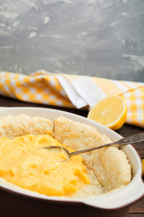 Preparation of lemon cake with lemon curd with copy space