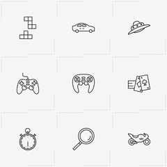 Games Genres line icon set with motor bike , game joystick and car