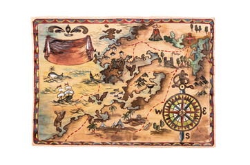 Treasure map manually drawn by watercolor isolated on white background.