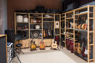 Shelves with musical instruments