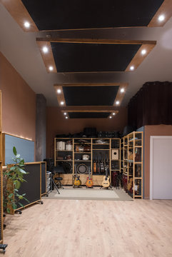 Shelves with musical instruments