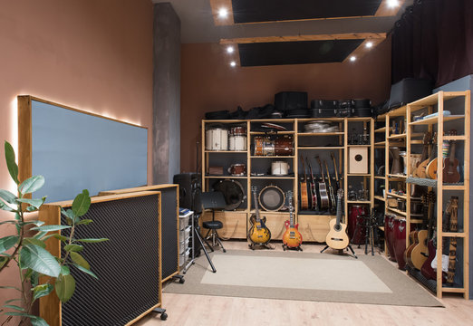 Shelves with musical instruments