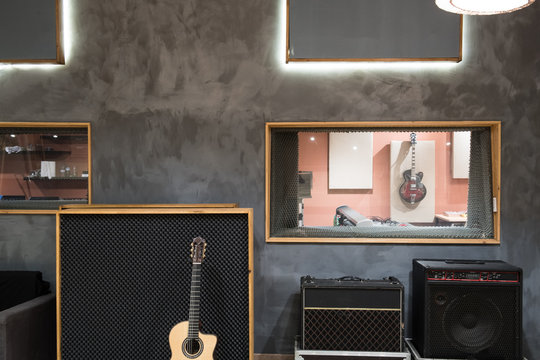 Acoustic guitar near amplifier