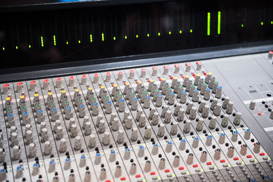 Close-up audio mixer board