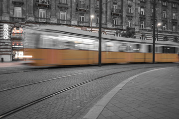 Tram n. 2 Budapest rides close to the beautiful Parliament square