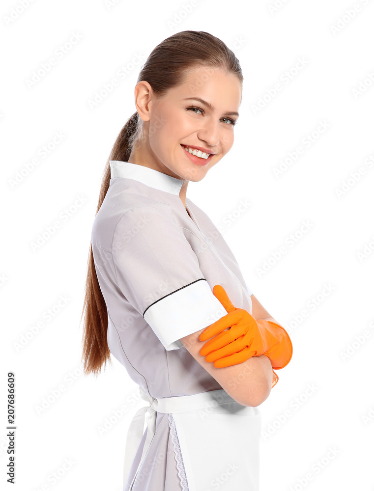 Poster portrait of young chambermaid in tidy uniform on white background