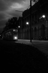 Fototapeta na wymiar Tram n. 2 Budapest rides close to the beautiful Parliament square