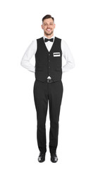 Full length portrait of handsome waiter in elegant uniform on white background