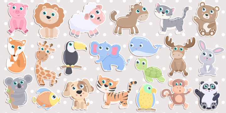 Cute animal sticker set. Flat design