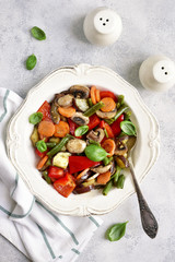 Vegetables stewed with mushrooms.Top view with copy space.