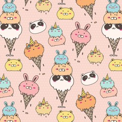 Cute Animal Ice Cream Pattern Background. Hand Drawn Vector Illustration.