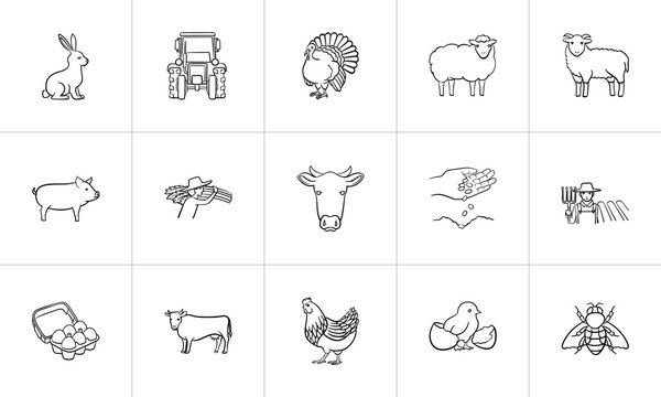 Farm animals sketch icon set for web, mobile and infographics. Hand drawn farm animals vector icon set isolated on white background.