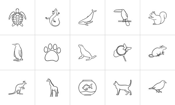 Animals sketch icon set for web, mobile and infographics. Hand drawn animals vector icon set isolated on white background.