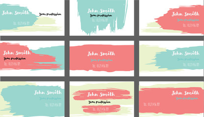 Drawn Business Cards Vector Template Collection. Ink, Oil Paint Brush Strokes Cool Banners Set. Creative Atristic Grungy Retro Corporate Identity. Funky Strokes Cool Business Cards Vector Template.