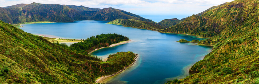 panoramic view of lake lagoa do Fogo from the mountains on San Miguel Island, Azores