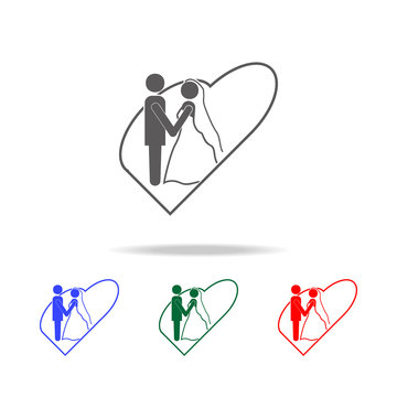 the bride and groom in the heart icons. Elements of wedding in multi colored icons. Premium quality graphic design icon. Simple icon for websites, web design, mobile app