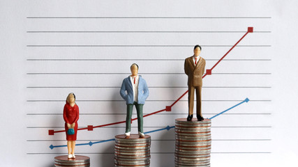 Miniature people standing on a pile of graphs and coins on a white background. The...