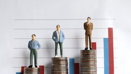 Miniature people standing on a pile of coins in front of a graph. The concept of the...